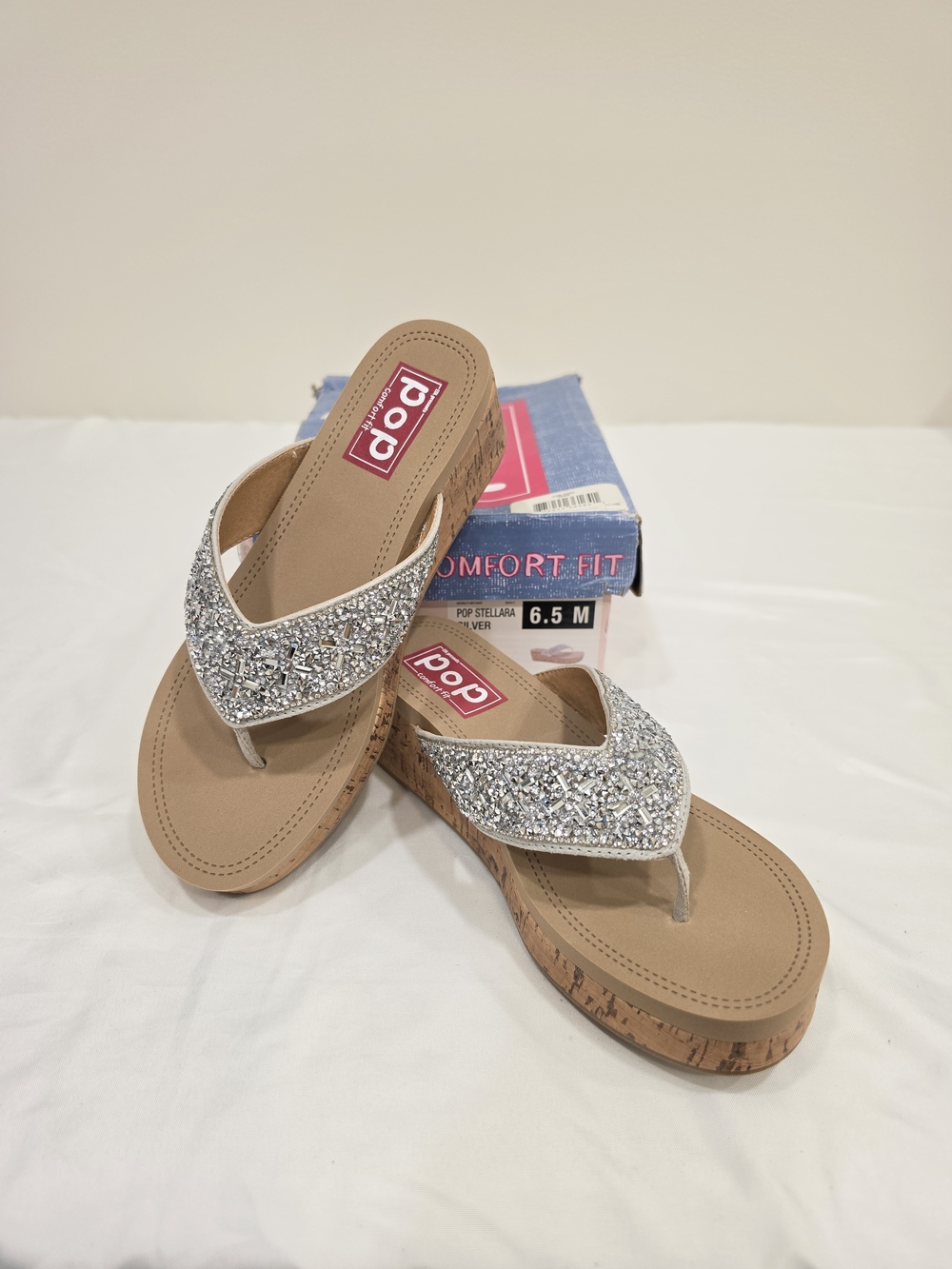Pop Strllara Silver Glitter Cork Wedge Thong Sandals for Women